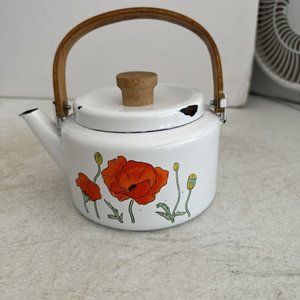 Vintage Saltera Himark Enamel RARE Teapot MCM  Red Orange Floral Wooden Handle